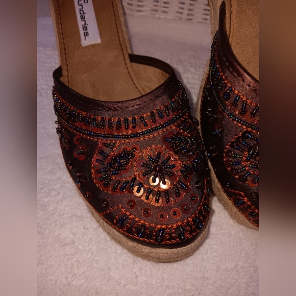 No Boundaries~Brown Neutral Sequin Beaded Espadrille Wedge Sandals - Picture 2 of 14